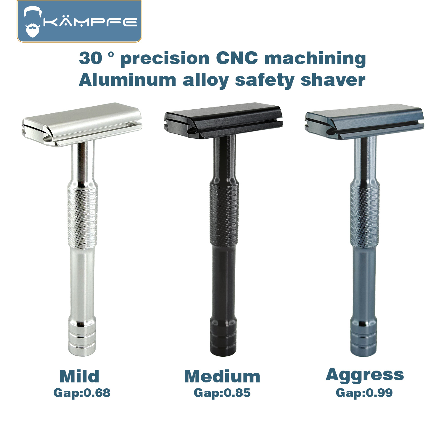 Safety Razor Handle - มีดโกนหนวดแบบแมนนวล KAMPFE CNC Carving ใบมีดปิดสองด้าน ทำจากอะลูมิเนียม