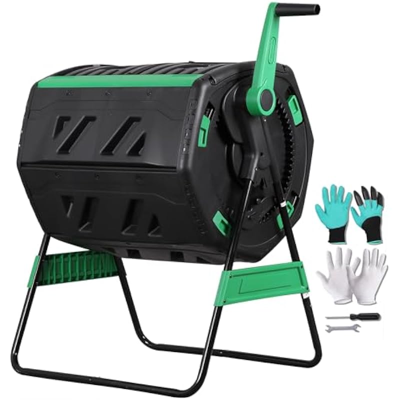 Compost Bin - ถังหมักปุ๋ยแบบหมุนได้ ขนาด 53 แกลลอน แบ่งเป็นสองส่วน พร้อมมือหมุนที่ออกแบบตามหลักสรีรศาสตร์