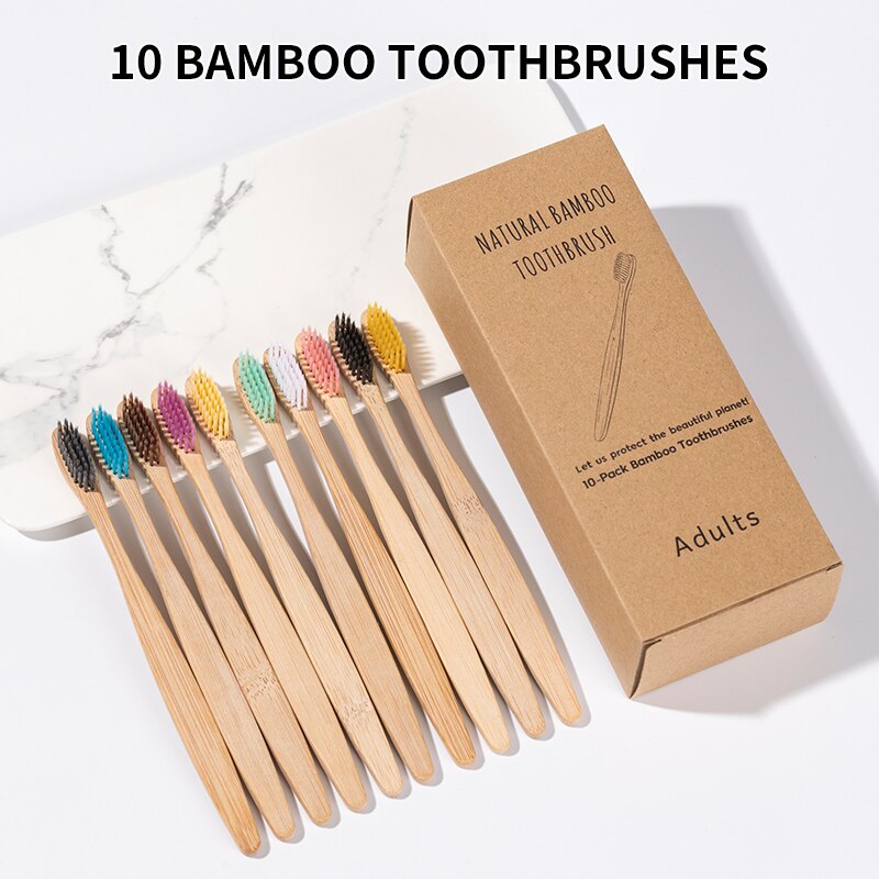 Bamboo Toothbrush - ชุดแปรงสีฟันไม้ไผ่ 10 ชิ้น - แปรงสีฟันเป็นมิตรกับสิ่งแวดล้อมห่อหนังวัวธรรมชาติ (ปลอดสาร